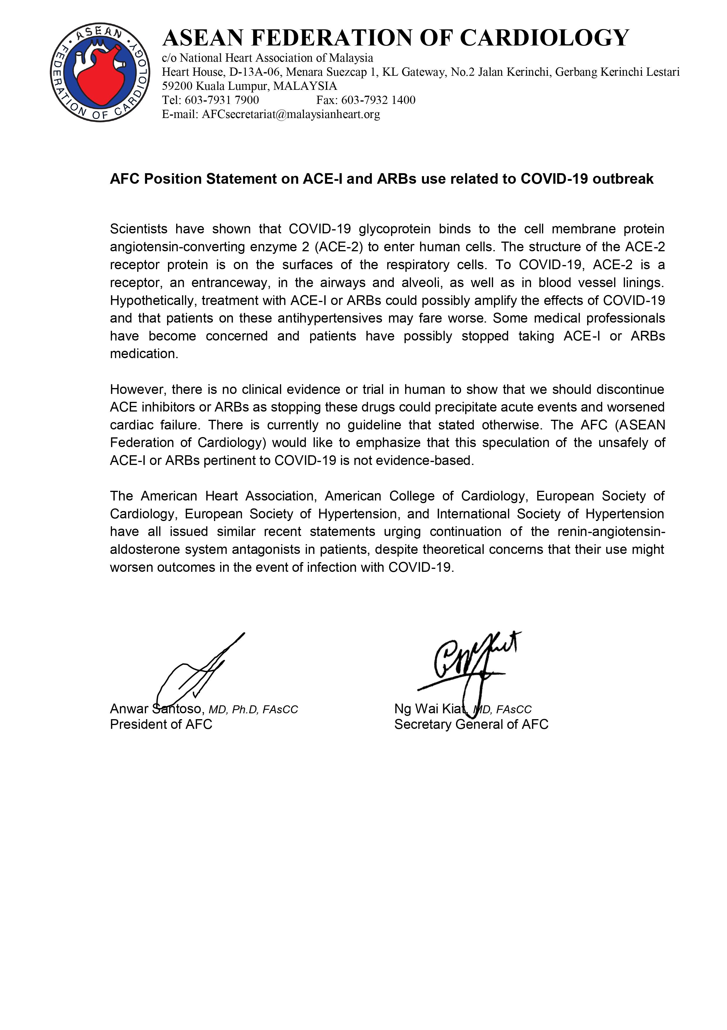AFC Position Statement on ACE-I and ARBs use related to COVID-19 outbreak
